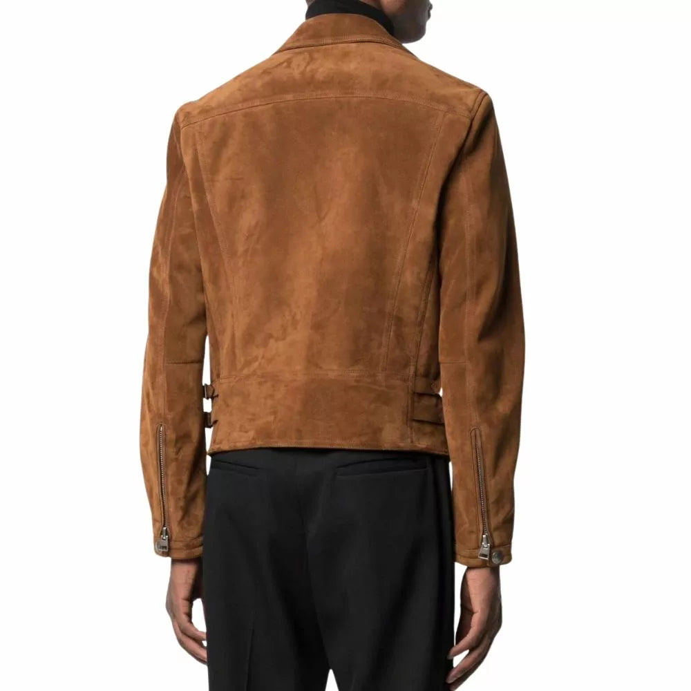 Mens Brown Suede Moto Leather Jacket - Image 2