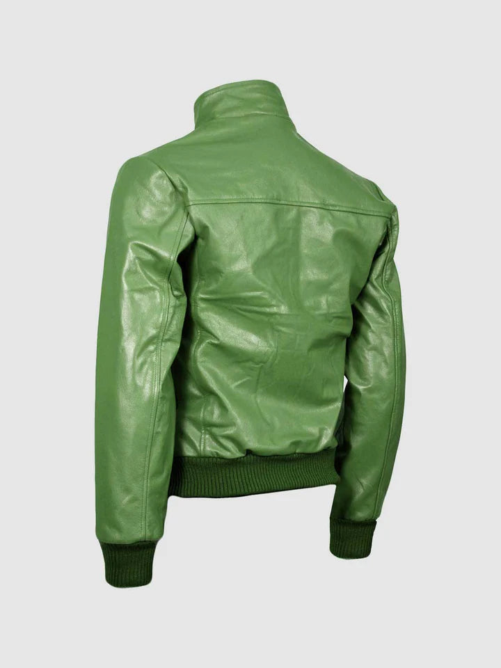Green Leather Bomber Jacket - Image 2