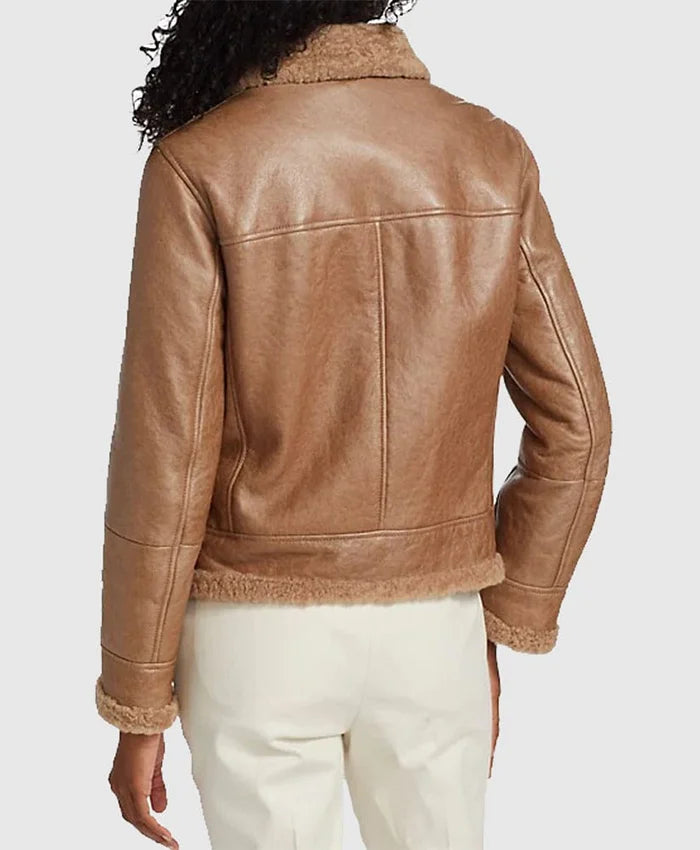 Monica Shearling Fur Lined Brown Jacket - Image 2