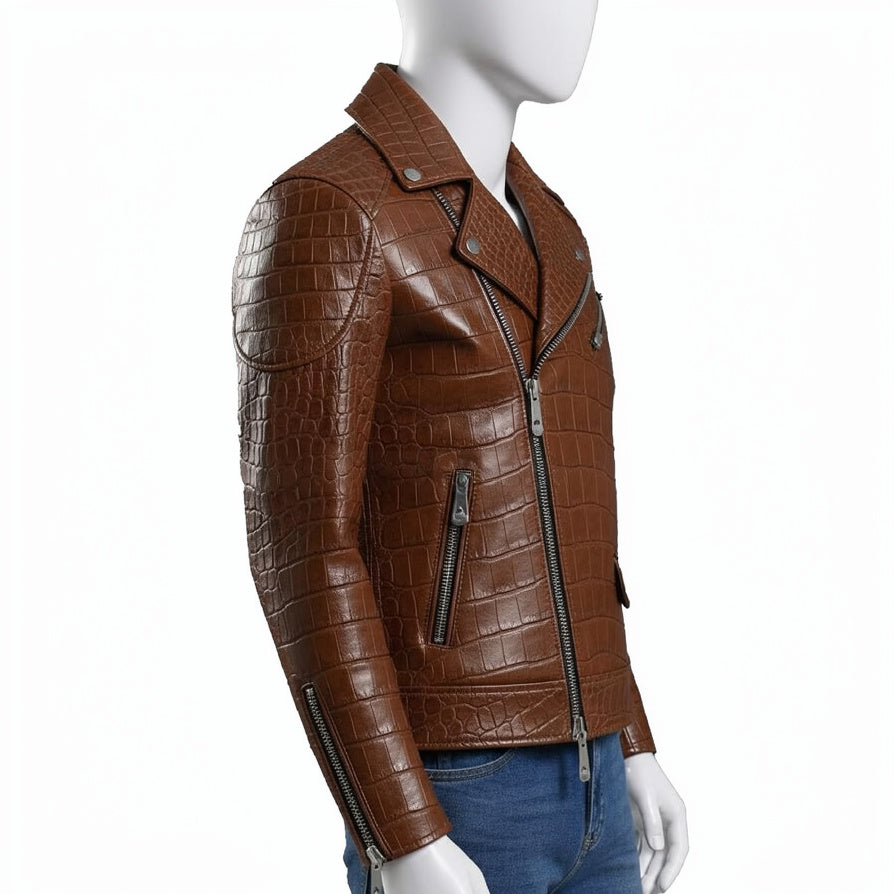 Brown Crocodile Embossed Genuine Leather Biker Jacket - Image 3