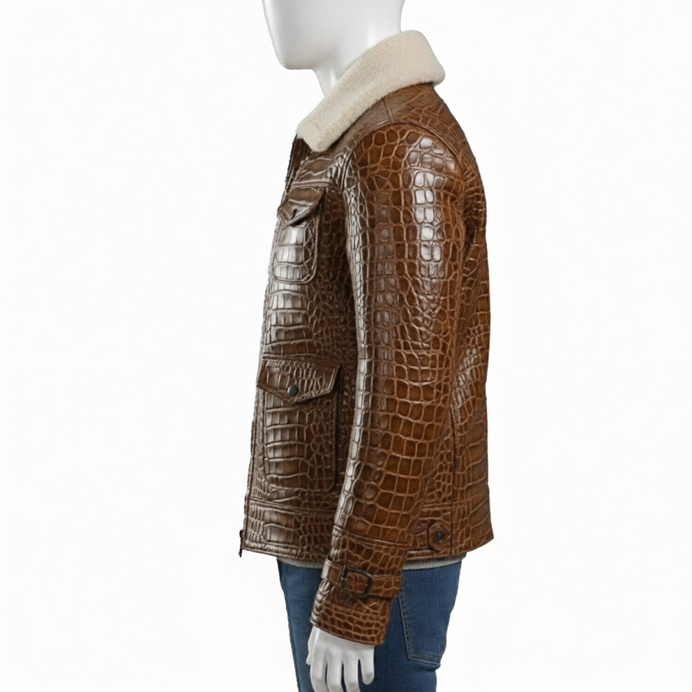 Brown Textured Leather Jacket Mens Winter Coat with Shearling Collar - Image 3