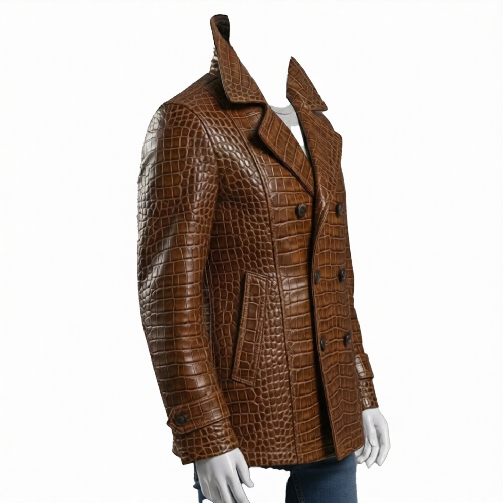 Embossed Brown Leather Coat Mens Double Breasted Jacket - Image 3