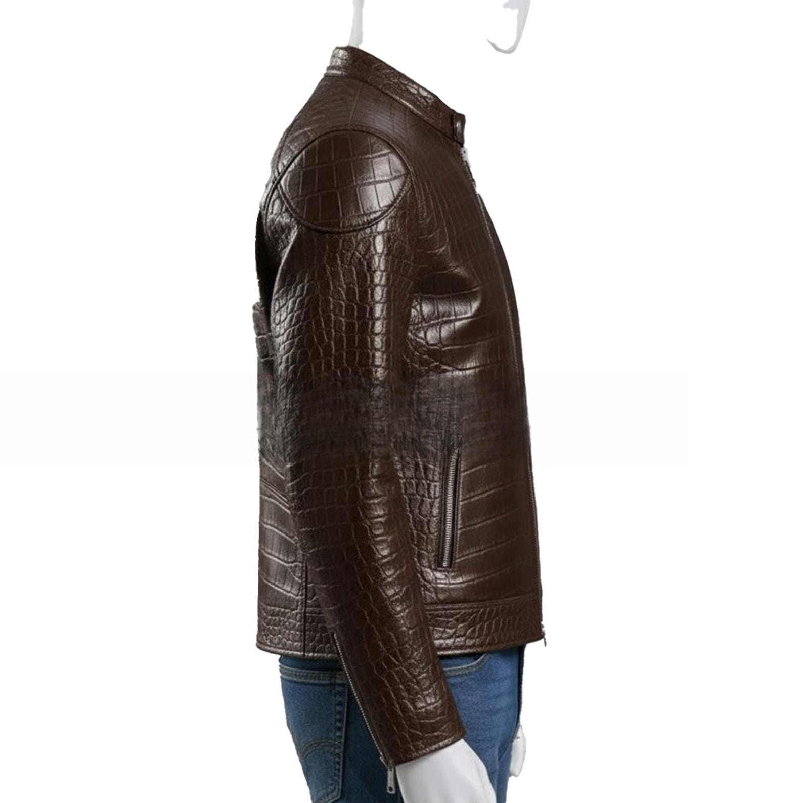 Embossed Genuine Leather Motorcycle Jacket Slim Fit Aviator Coat - Image 3