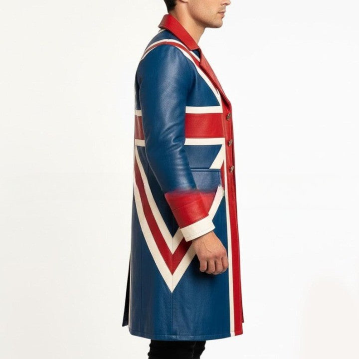 Genuine Leather Long Color Block UK Flag Coat with Geometric Panel Design - Image 3