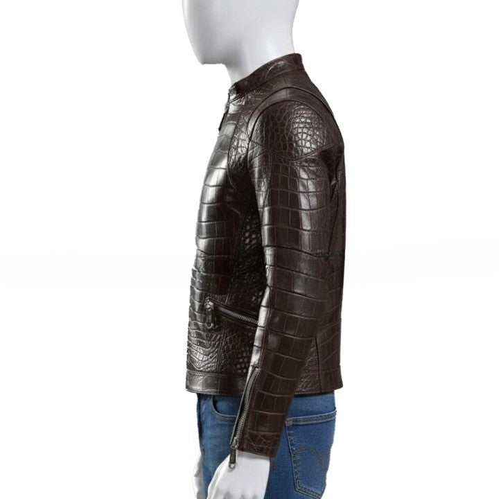 Textured Brown Leather Biker Jacket Croc Pattern Finish - Image 3
