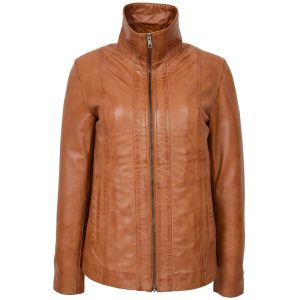 Womens Classic Zip Fastening Leather Jacket Julia Tan