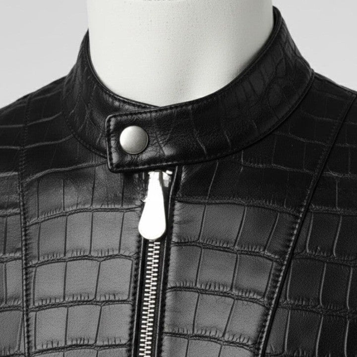 Mens Crocodile Embossed Leather Biker Jacket Slim Fit Aviator Coat - Image 3
