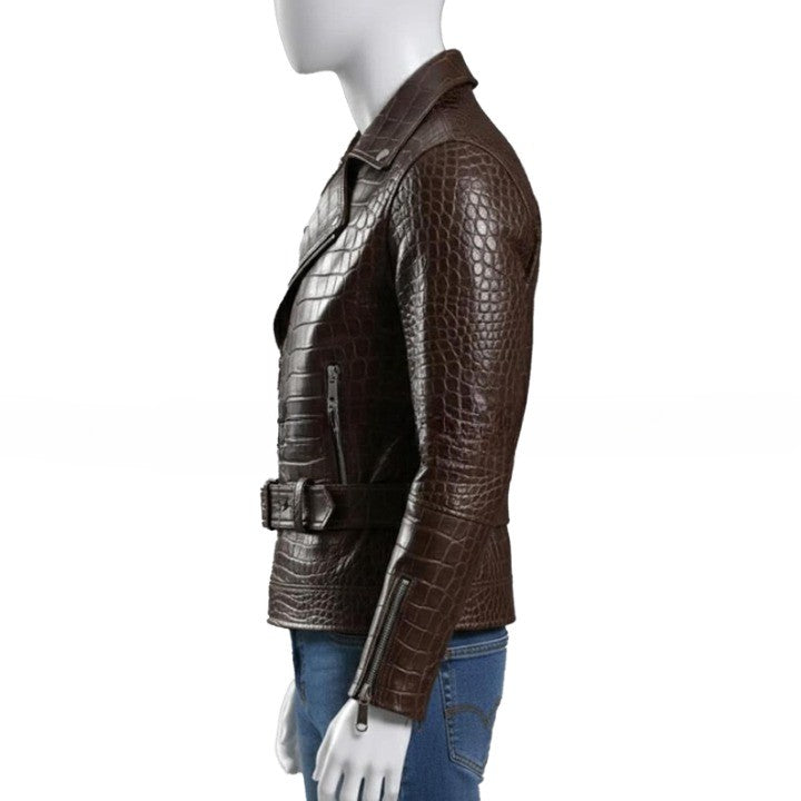Embossed Brown Leather Moto Jacket Asymmetrical Zip Belted Waist - Image 3