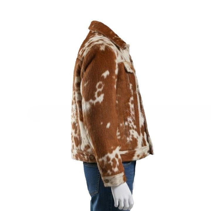 Mens Hair On Cowhide Trucker Jacket Rust Brown Ivory Western Outerwear - Image 4