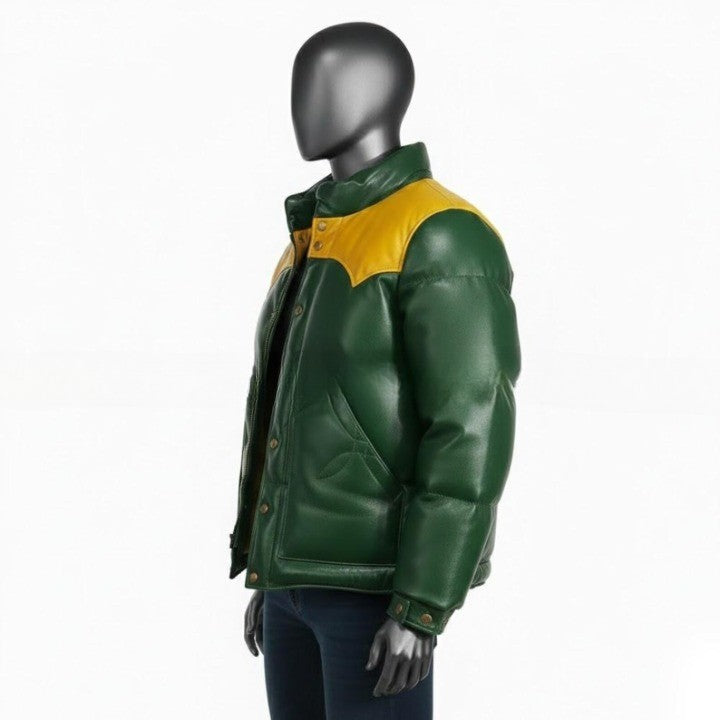 Mens Green Leather Puffer Jacket Yellow Yoke Winter Coat - Image 3