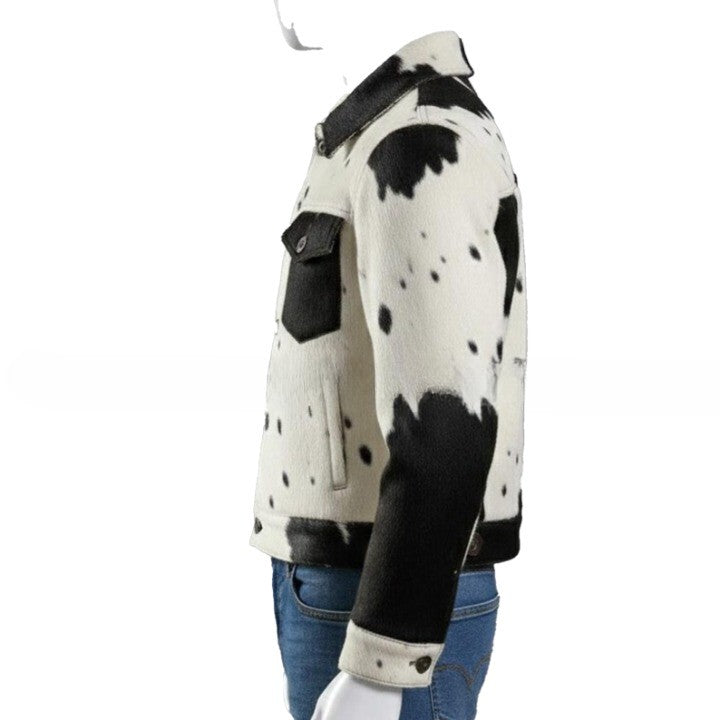 Mens Hair On Cowhide Trucker Jacket Black White Western Style - Image 3