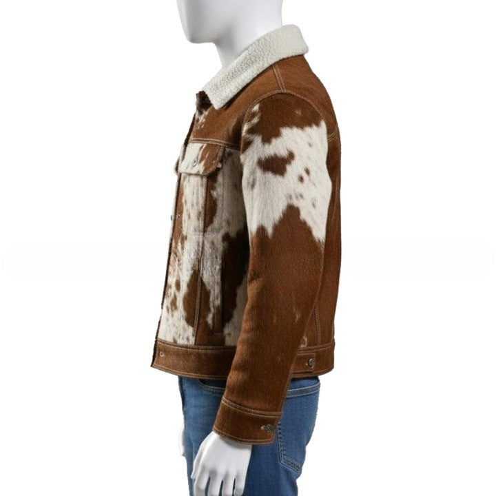 Mens Brown and Cream Shearling Collar Leather Jacket with Patterned Panels Winter Casual Outerwear - Image 3