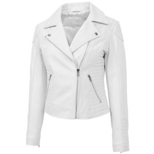 Womens Soft Leather Cross Zip Biker Jacket Anna White