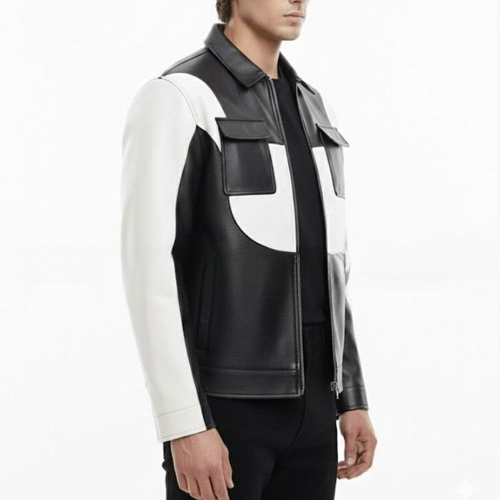 Mens Black White Genuine Leather Jacket Modern Zip Front - Image 3