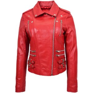 Womens Cross Zip Biker Leather Jacket Cara Red