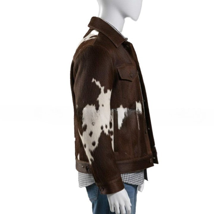 Mens Brown Patchwork Leather Jacket with Contrast Panels and Classic Button Closure - Image 3