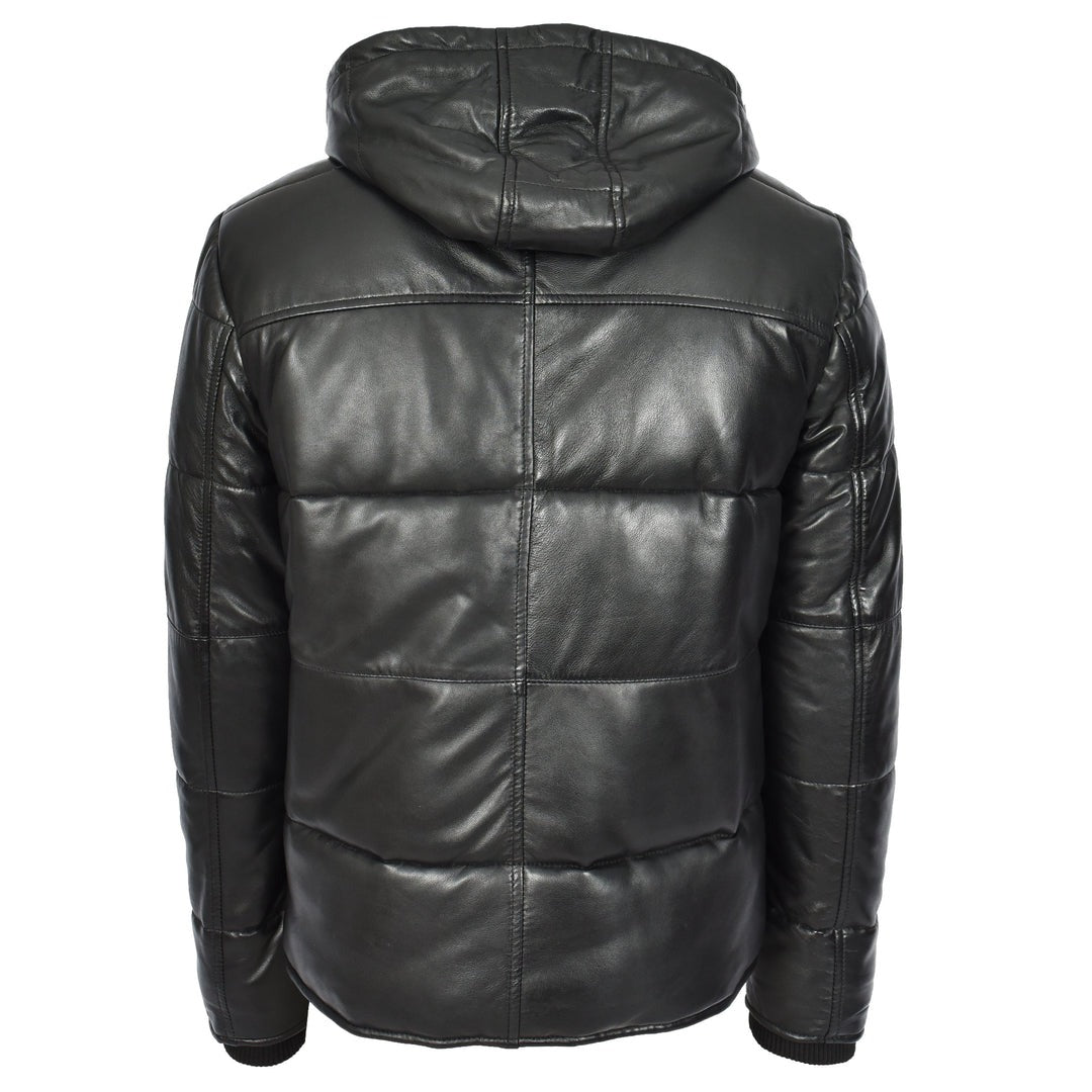 Men's Black Leather Puffer Jacket With Detachable Hood Quilted Padded Outerwear Rory - Image 2