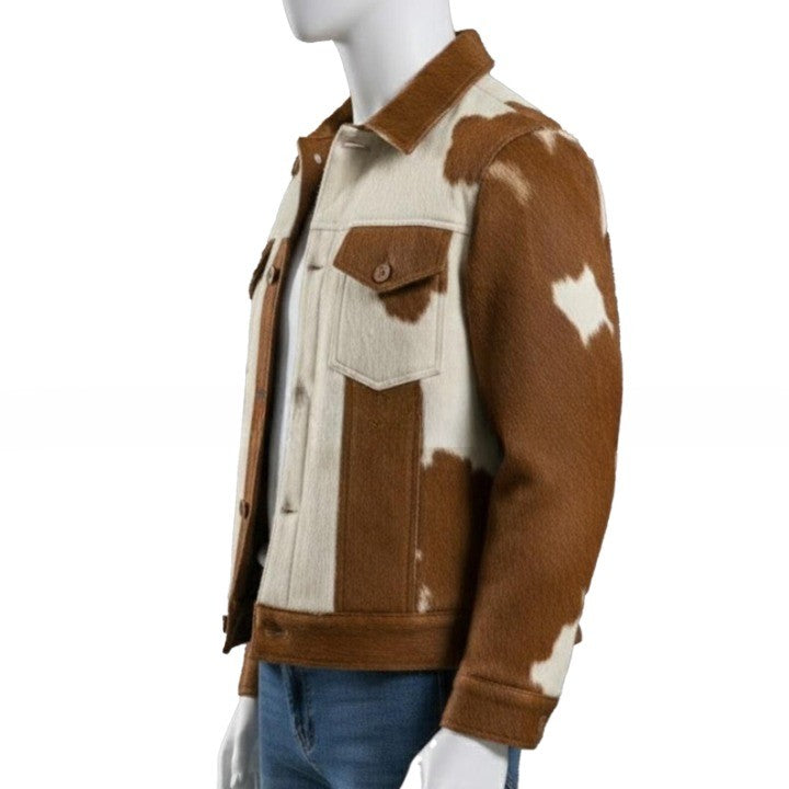 Mens Brown Cream Cowhide Style Leather Jacket Handmade Patchwork Western Jacket - Image 3