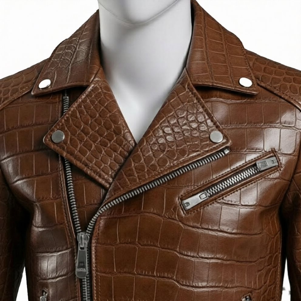 Brown Crocodile Embossed Genuine Leather Biker Jacket - Image 4