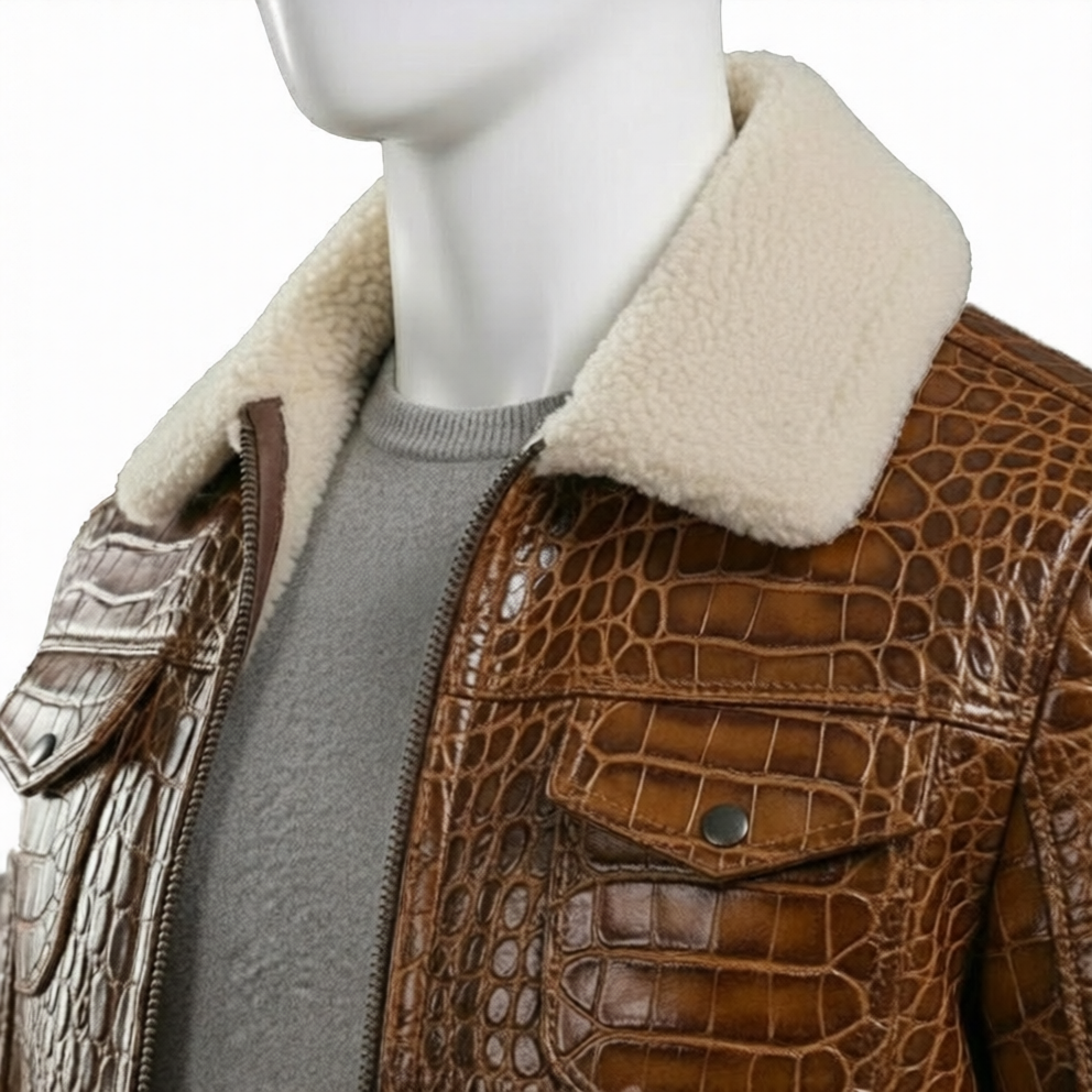 Brown Textured Leather Jacket Mens Winter Coat with Shearling Collar - Image 4