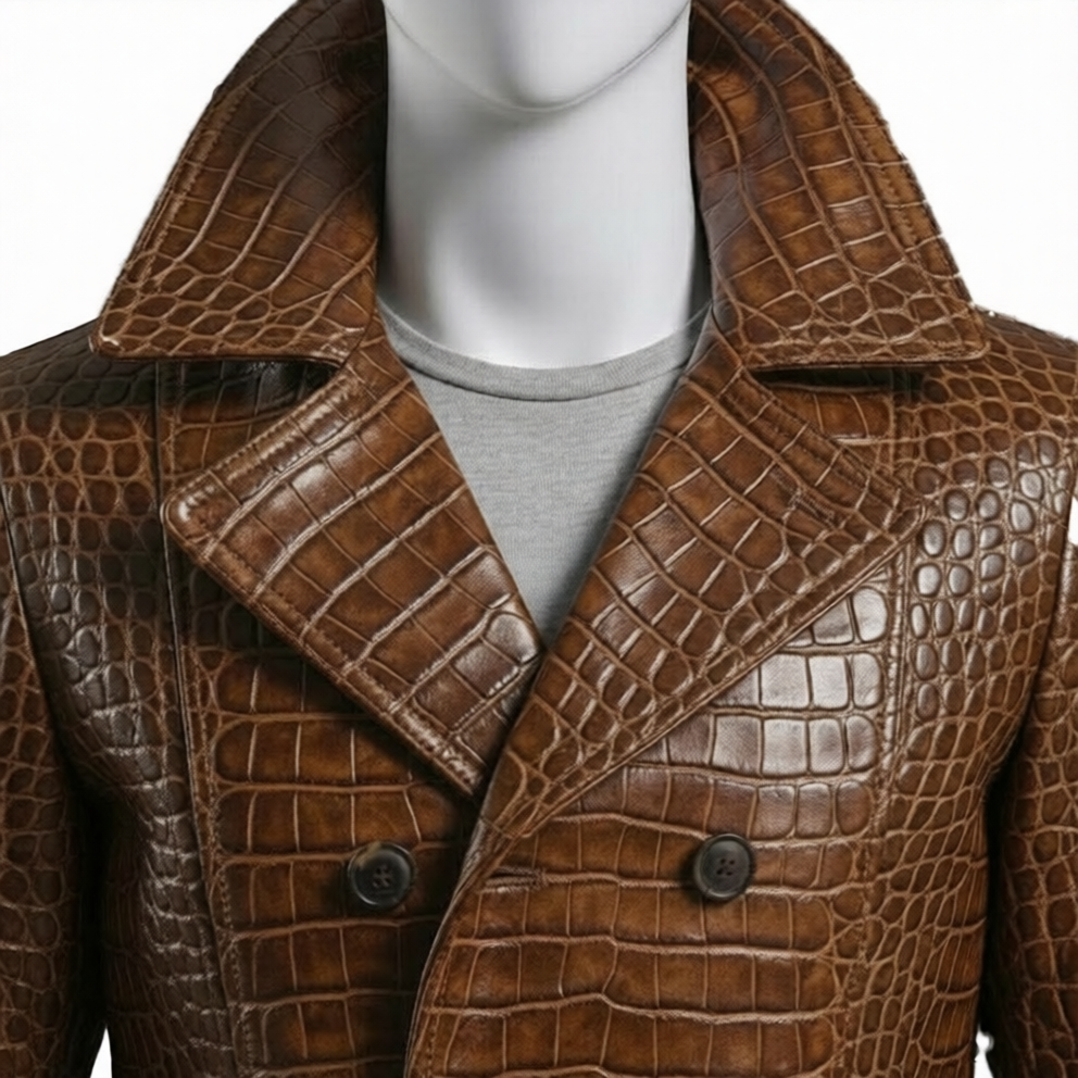 Embossed Brown Leather Coat Mens Double Breasted Jacket - Image 4