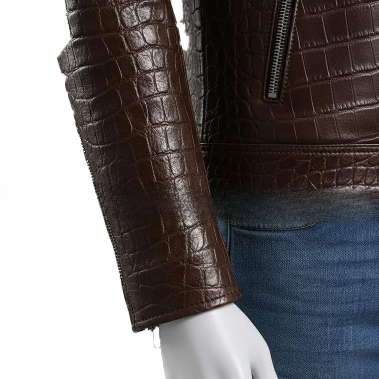 Embossed Genuine Leather Motorcycle Jacket Slim Fit Aviator Coat - Image 4