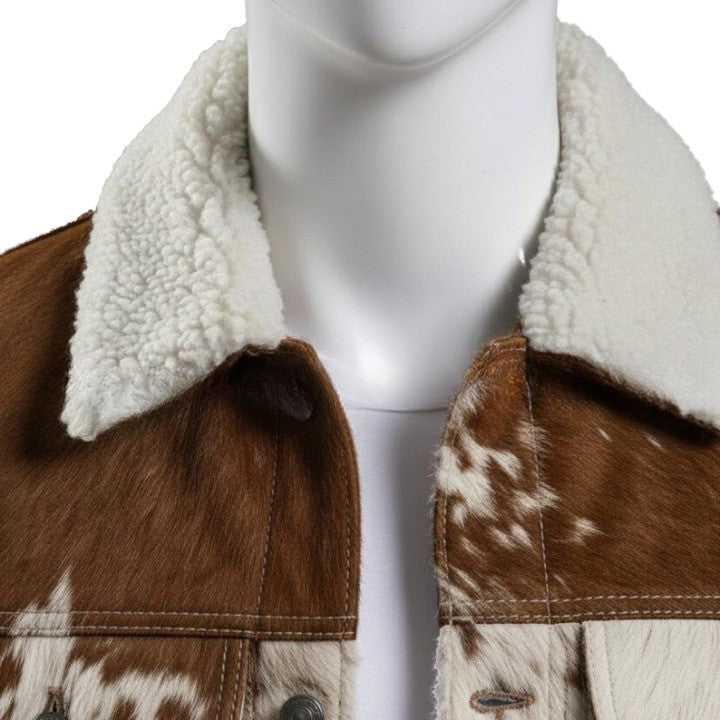 Mens Brown and Cream Shearling Collar Leather Jacket with Patterned Panels Winter Casual Outerwear - Image 4