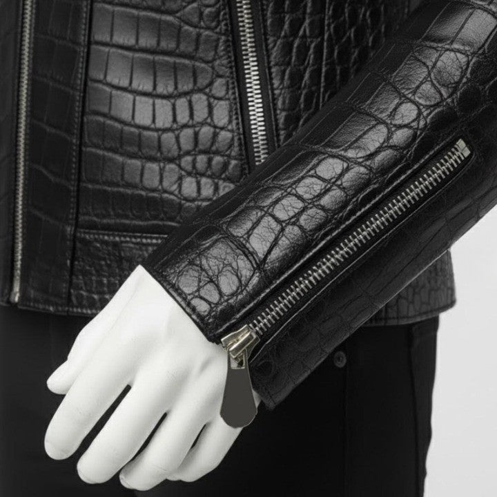 Mens Crocodile Embossed Leather Biker Jacket Slim Fit Aviator Coat - Image 4