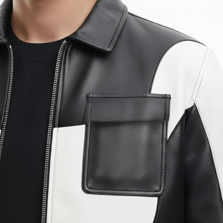 Mens Black White Genuine Leather Jacket Modern Zip Front - Image 4