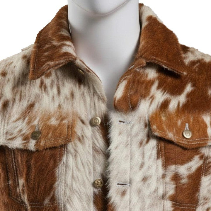 Mens Hair On Cowhide Trucker Jacket Rust Brown Ivory Western Outerwear - Image 3