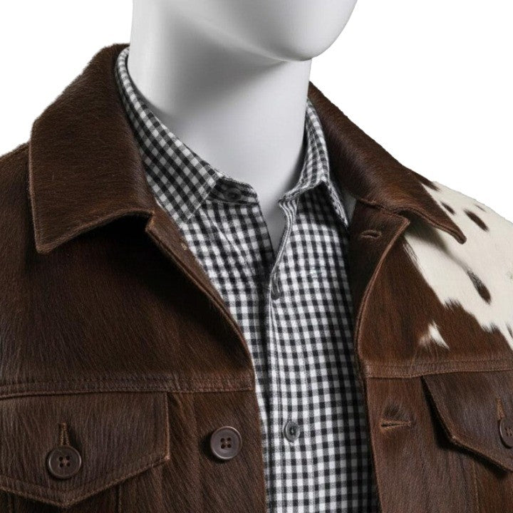 Mens Brown Patchwork Leather Jacket with Contrast Panels and Classic Button Closure - Image 4