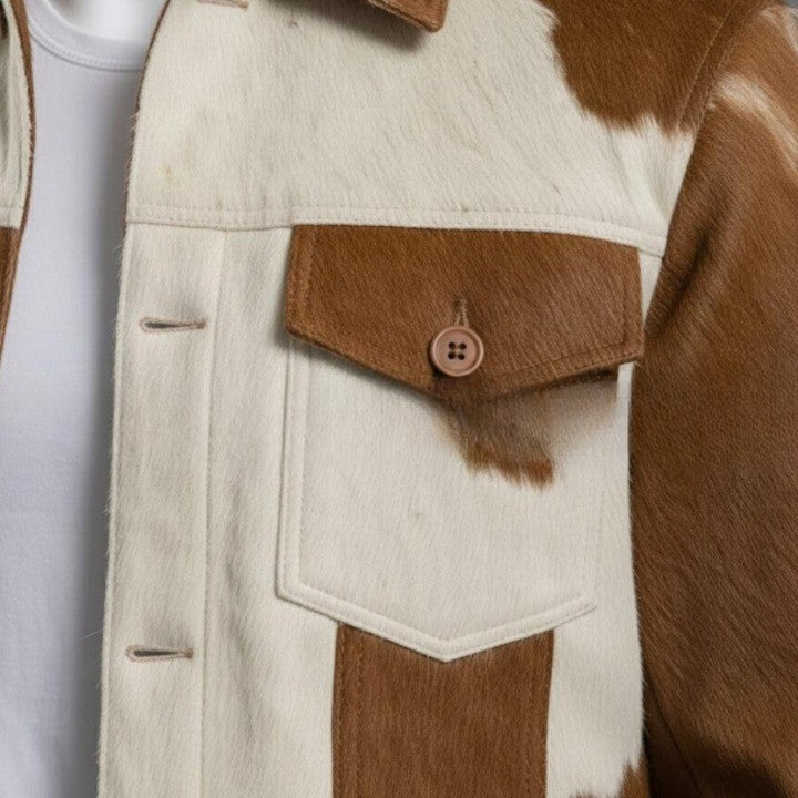Mens Brown Cream Cowhide Style Leather Jacket Handmade Patchwork Western Jacket - Image 4
