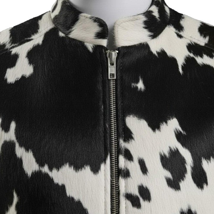 Mens Hair On Cowhide Leather Jacket Black White Trucker Style - Image 4