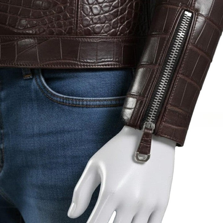 Textured Brown Leather Biker Jacket Croc Pattern Finish - Image 4