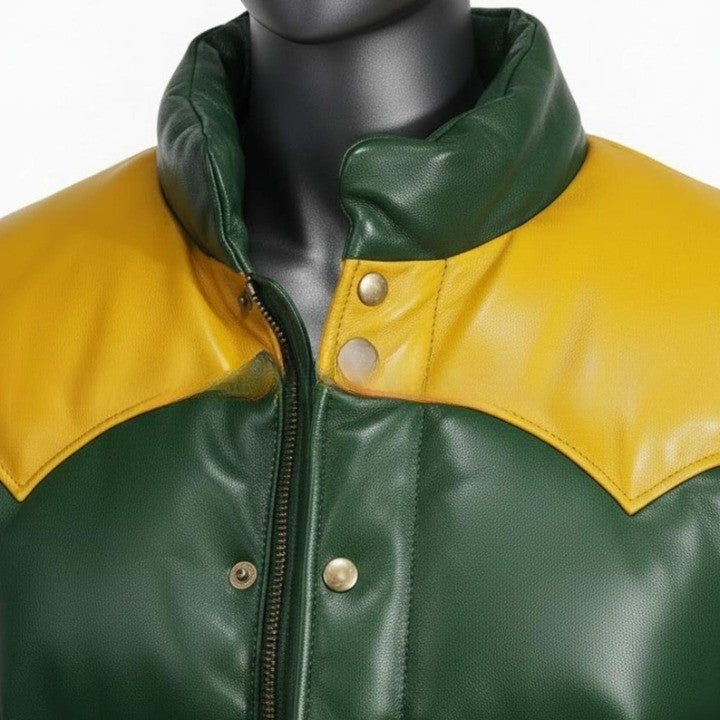 Mens Green Leather Puffer Jacket Yellow Yoke Winter Coat - Image 4