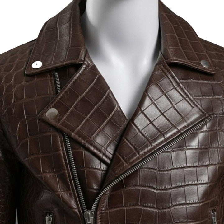 Embossed Brown Leather Moto Jacket Asymmetrical Zip Belted Waist - Image 4