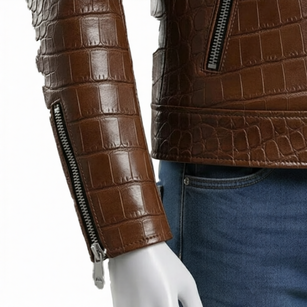 Brown Crocodile Embossed Genuine Leather Biker Jacket - Image 5
