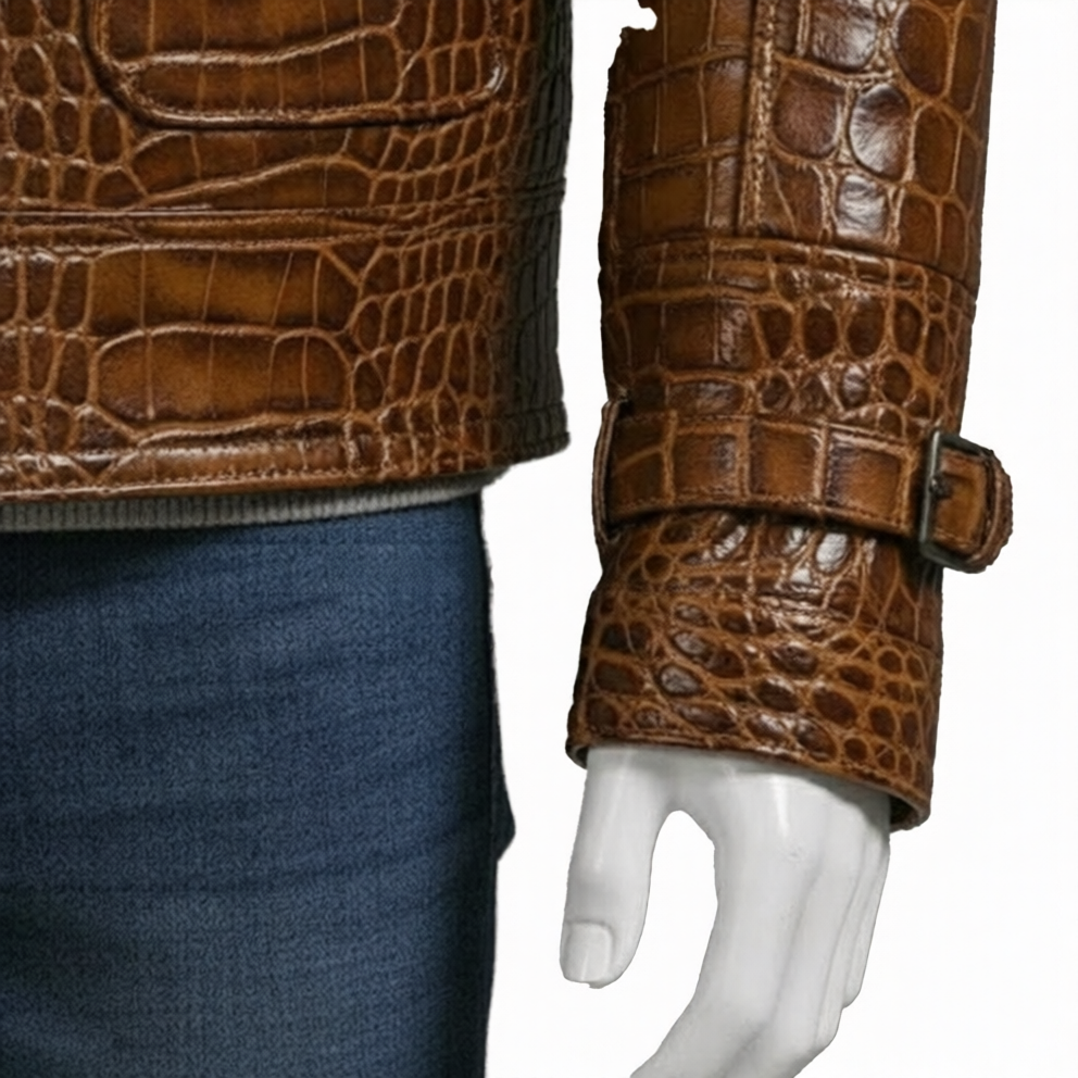 Brown Textured Leather Jacket Mens Winter Coat with Shearling Collar - Image 5
