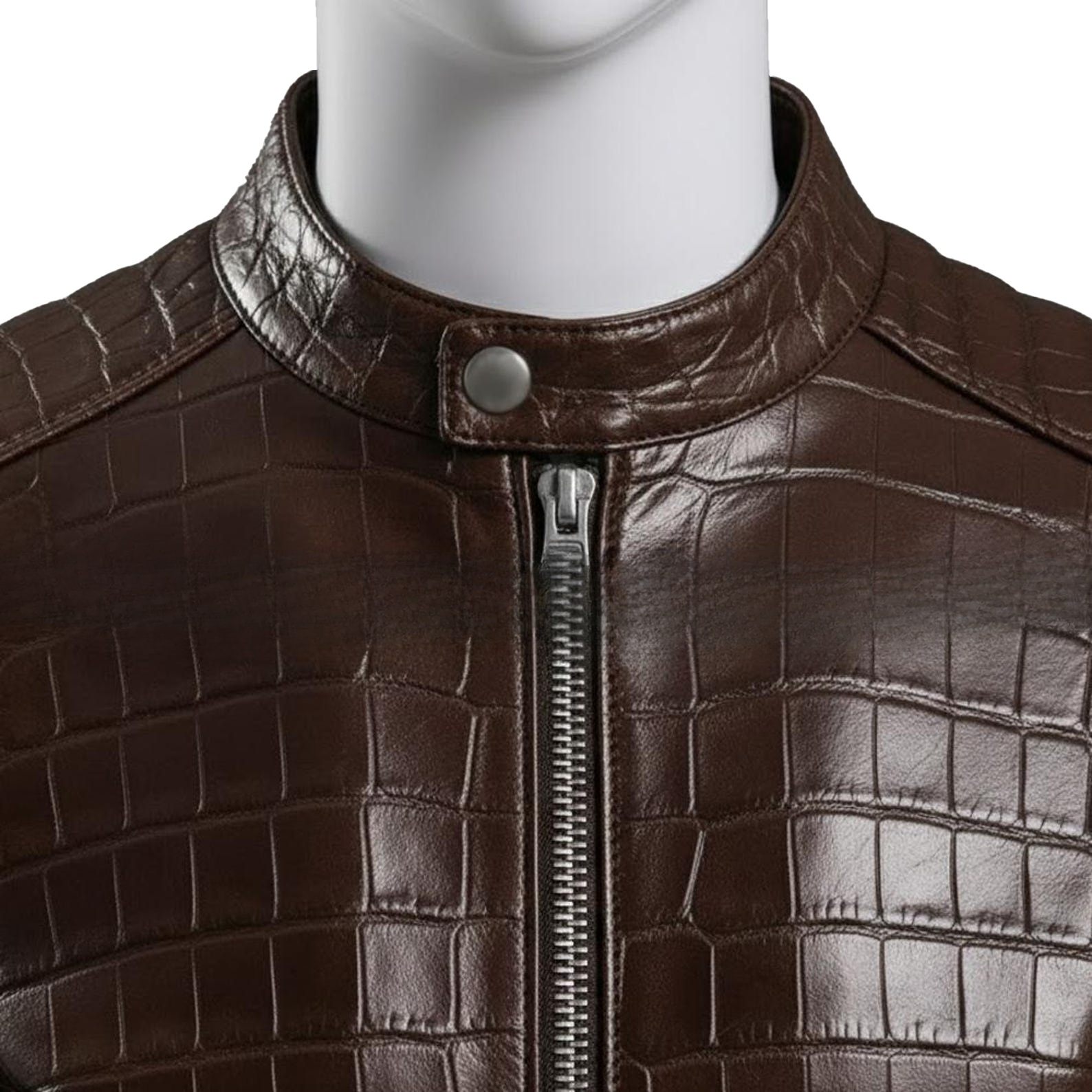 Embossed Genuine Leather Motorcycle Jacket Slim Fit Aviator Coat - Image 5