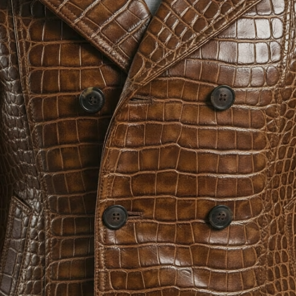 Embossed Brown Leather Coat Mens Double Breasted Jacket - Image 5
