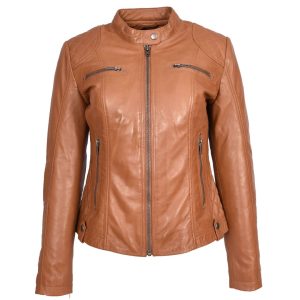 Women’s Tan Leather Moto Jacket – Slim Fit Zip-Up Biker Style