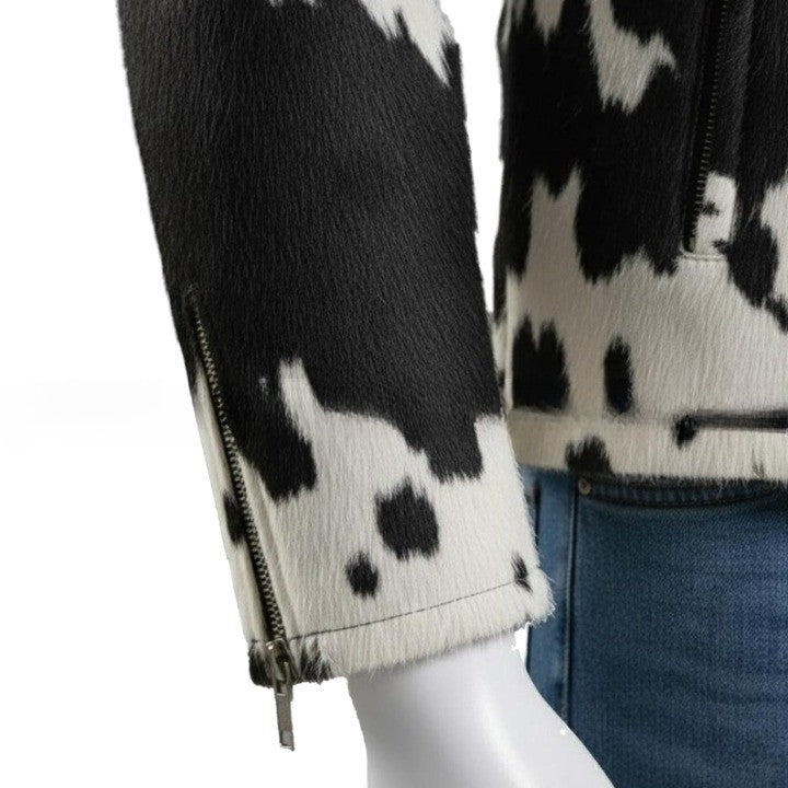 Mens Hair On Cowhide Leather Jacket Black White Trucker Style - Image 5