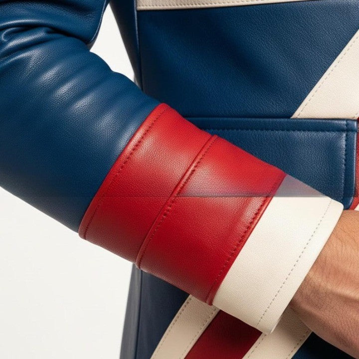 Genuine Leather Long Color Block UK Flag Coat with Geometric Panel Design - Image 4