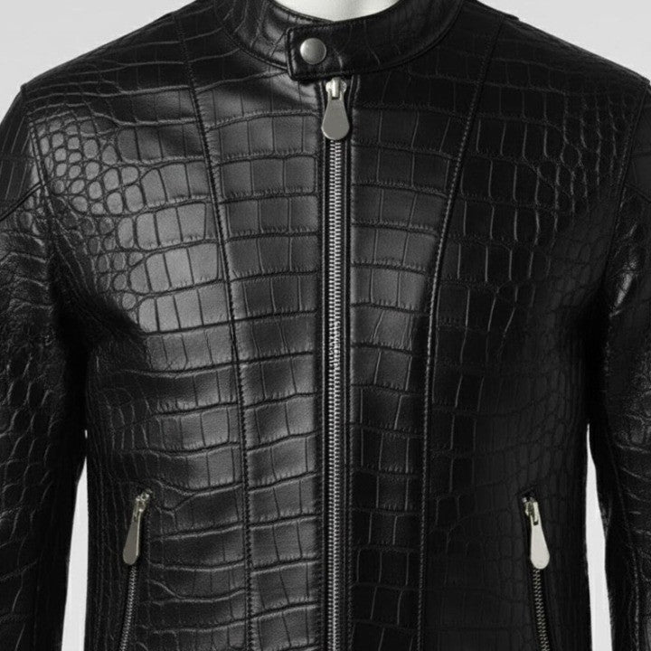 Mens Crocodile Embossed Leather Biker Jacket Slim Fit Aviator Coat - Image 5
