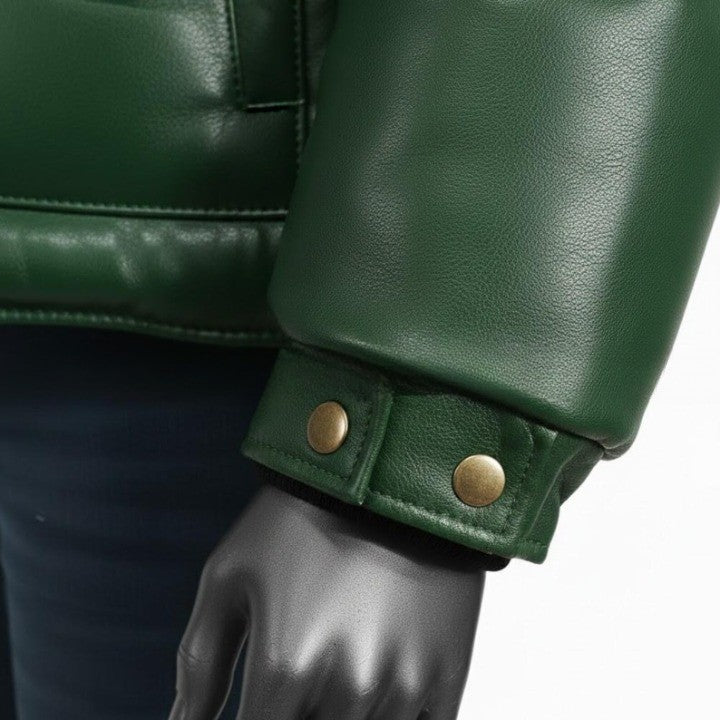 Mens Green Leather Puffer Jacket Yellow Yoke Winter Coat - Image 5