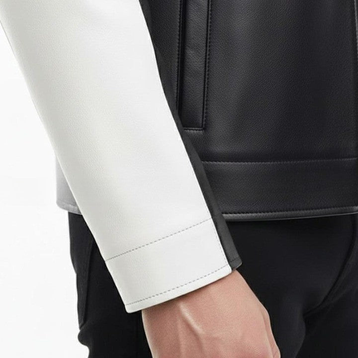 Mens Black White Genuine Leather Jacket Modern Zip Front - Image 5