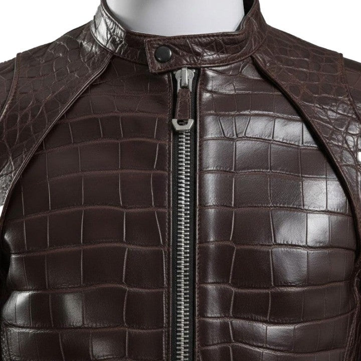 Textured Brown Leather Biker Jacket Croc Pattern Finish - Image 5