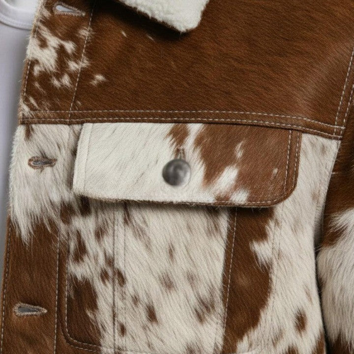 Mens Brown and Cream Shearling Collar Leather Jacket with Patterned Panels Winter Casual Outerwear - Image 5