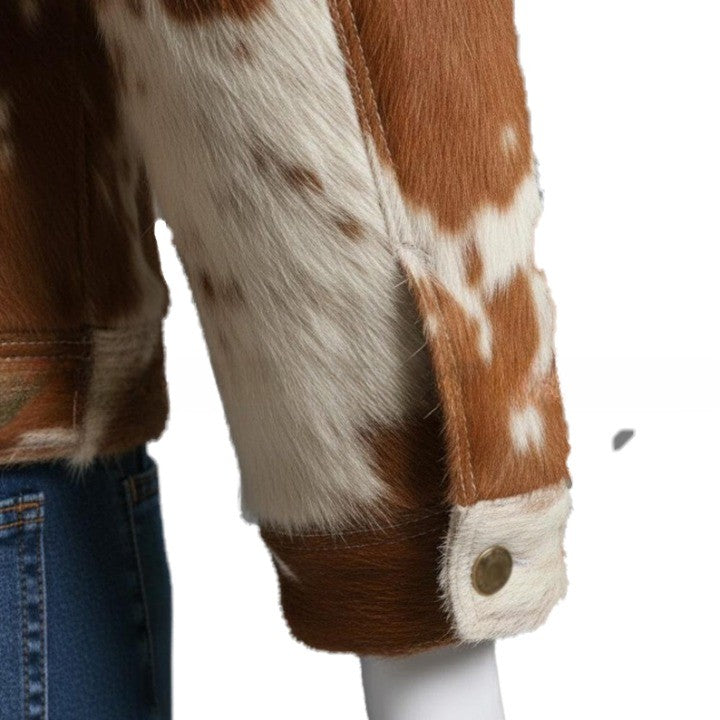 Mens Hair On Cowhide Trucker Jacket Rust Brown Ivory Western Outerwear - Image 2
