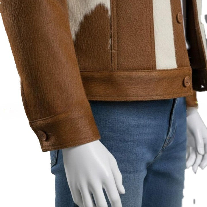 Mens Brown Cream Cowhide Style Leather Jacket Handmade Patchwork Western Jacket - Image 5